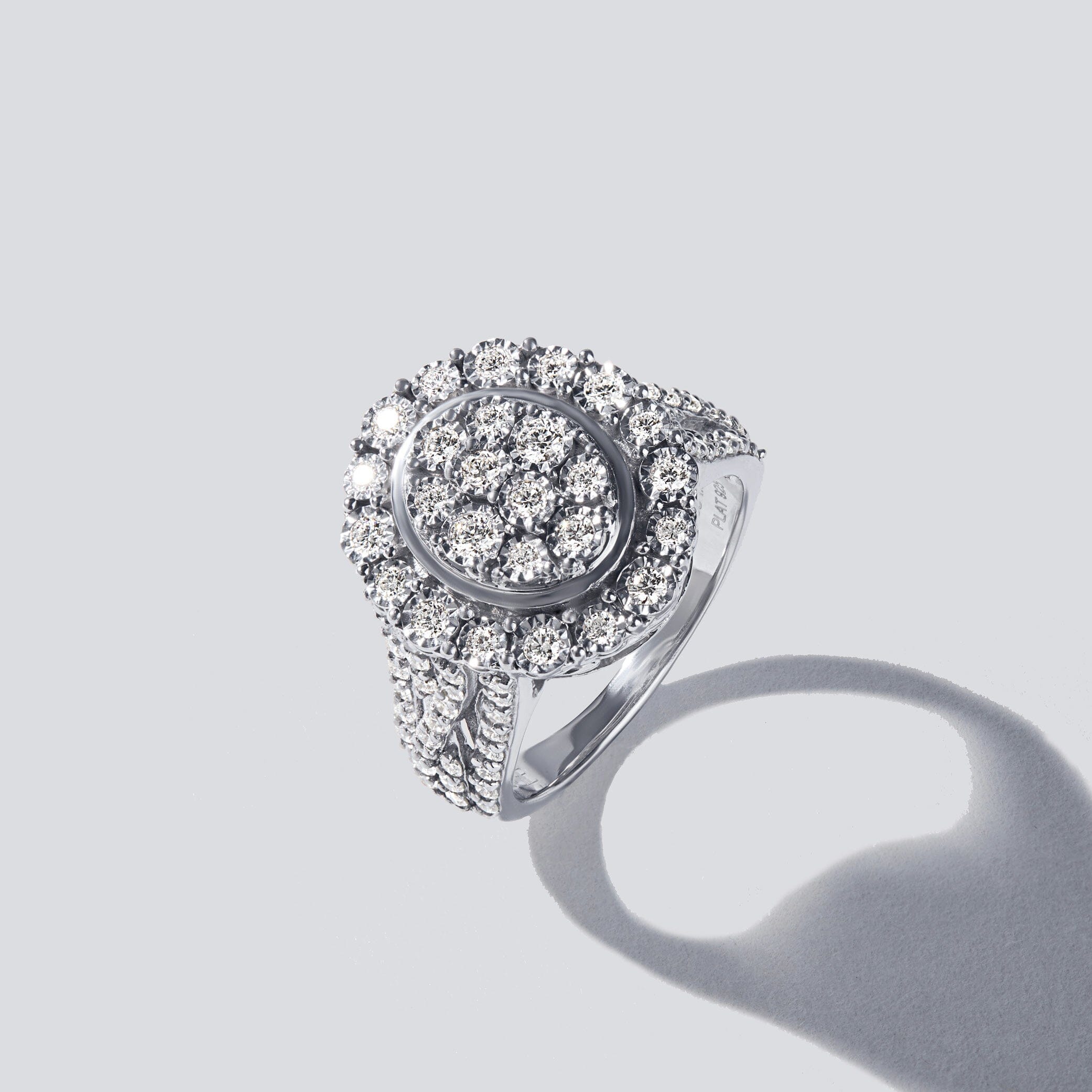 Fancy Halo Oval Shaped Ring with 1.00ct of Laboratory Grown Diamonds in Sterling Silver and Platinum Rings Bevilles
