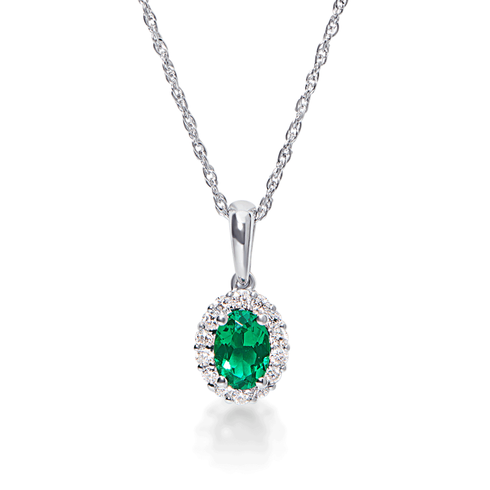 Created Emerald Necklace with 0.13ct TDW of Laboratory Grown Diamonds in Rhodium Plated Sterling Silver Necklaces Bevilles