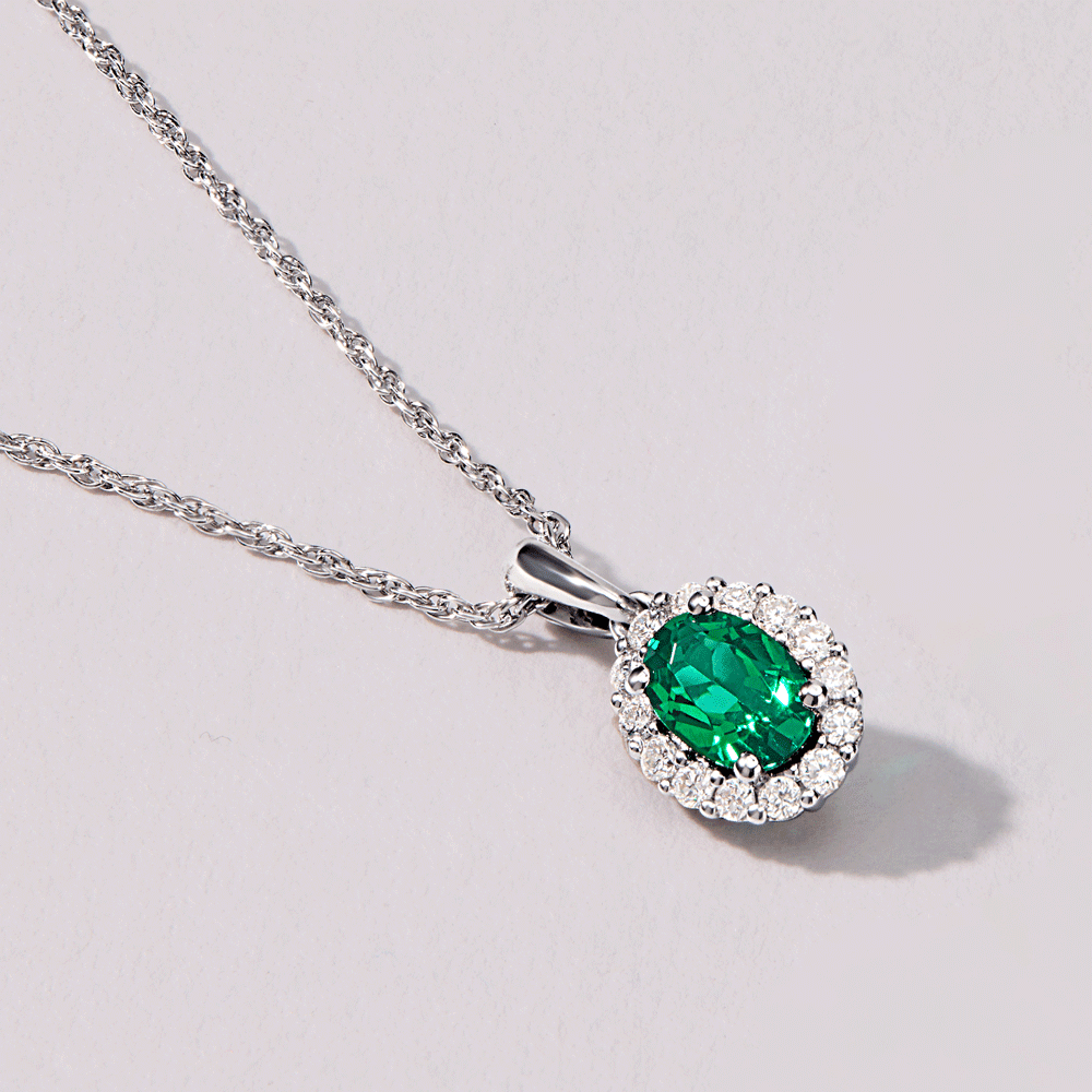 Created Emerald Necklace with 0.13ct TDW of Laboratory Grown Diamonds in Rhodium Plated Sterling Silver Necklaces Bevilles