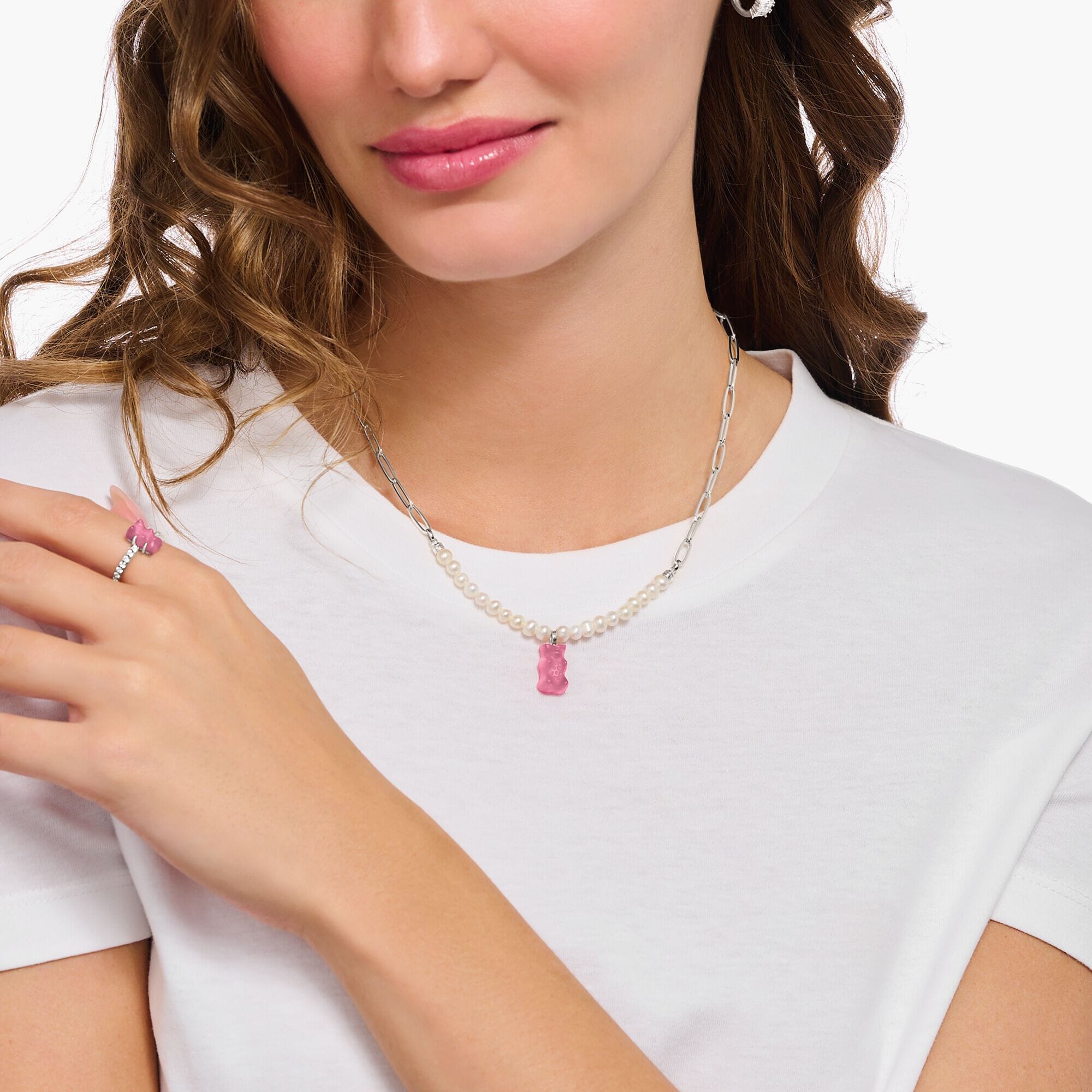 THOMAS SABO Link necklace with pink Goldbears & freshwater pearls Necklaces THOMAS SABO