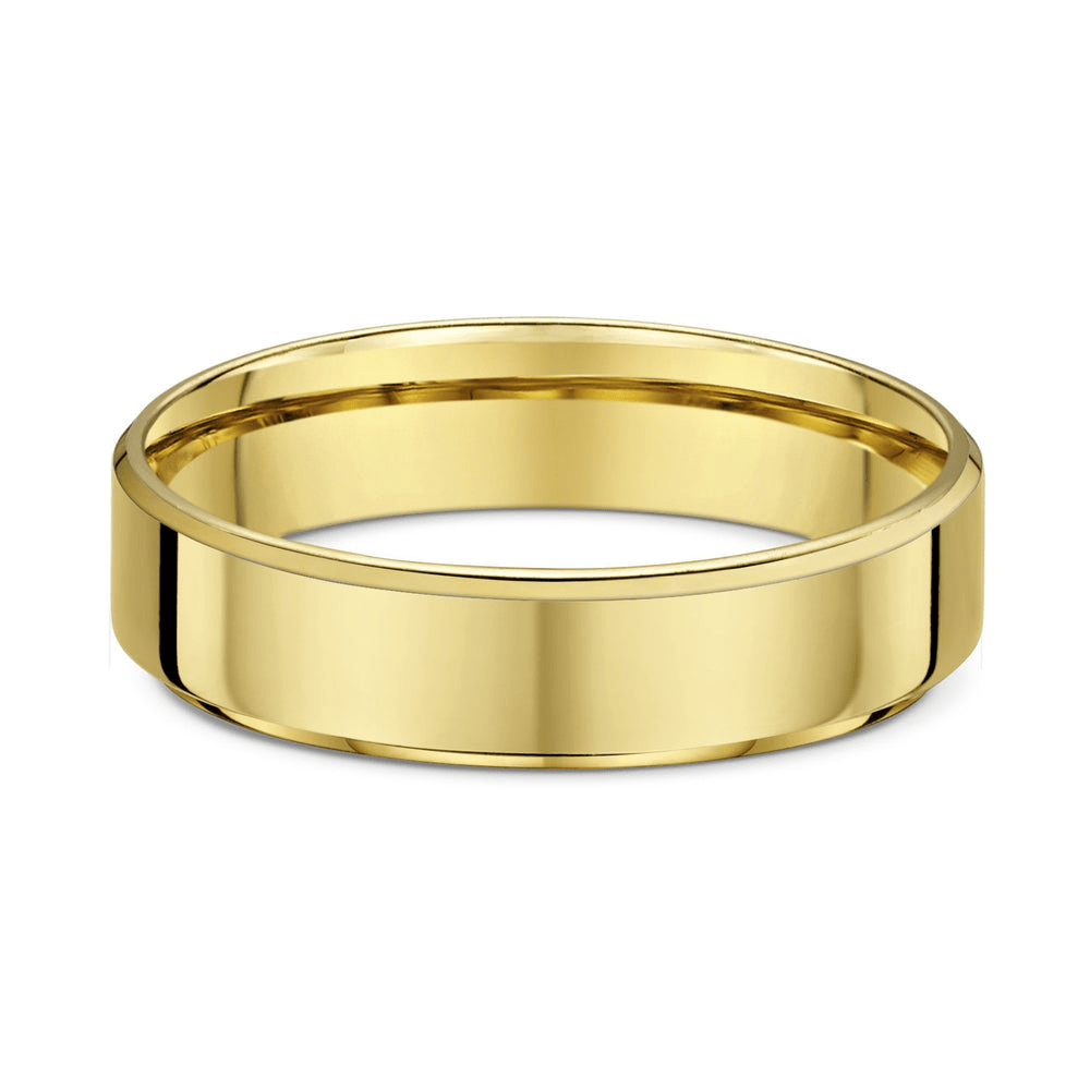Dora 5mm Flat Bevel Edge Wedding Band in 9ct Yellow Gold Size T Rings Bevilles Jewellers