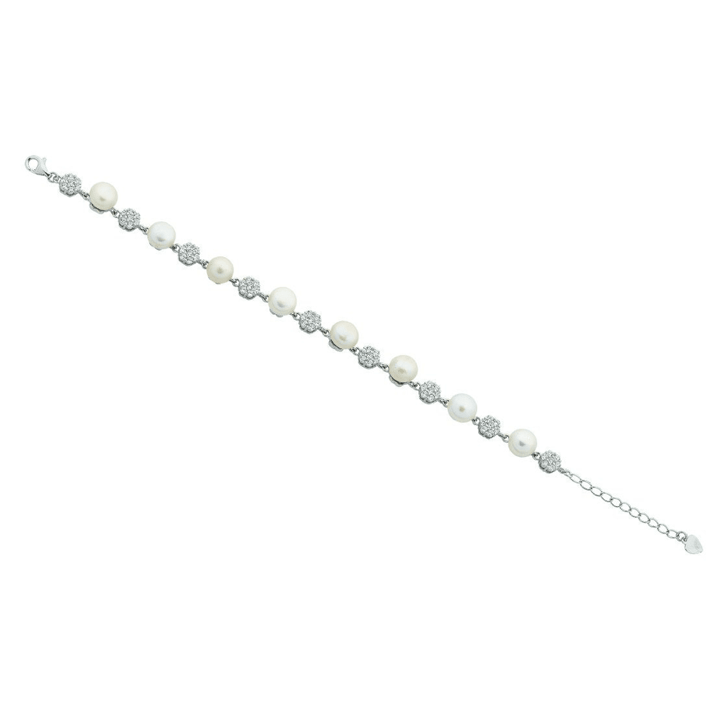Sterling Silver Freshwater Pearl & Cubic Zirconia Bracelet Bracelets Bevilles