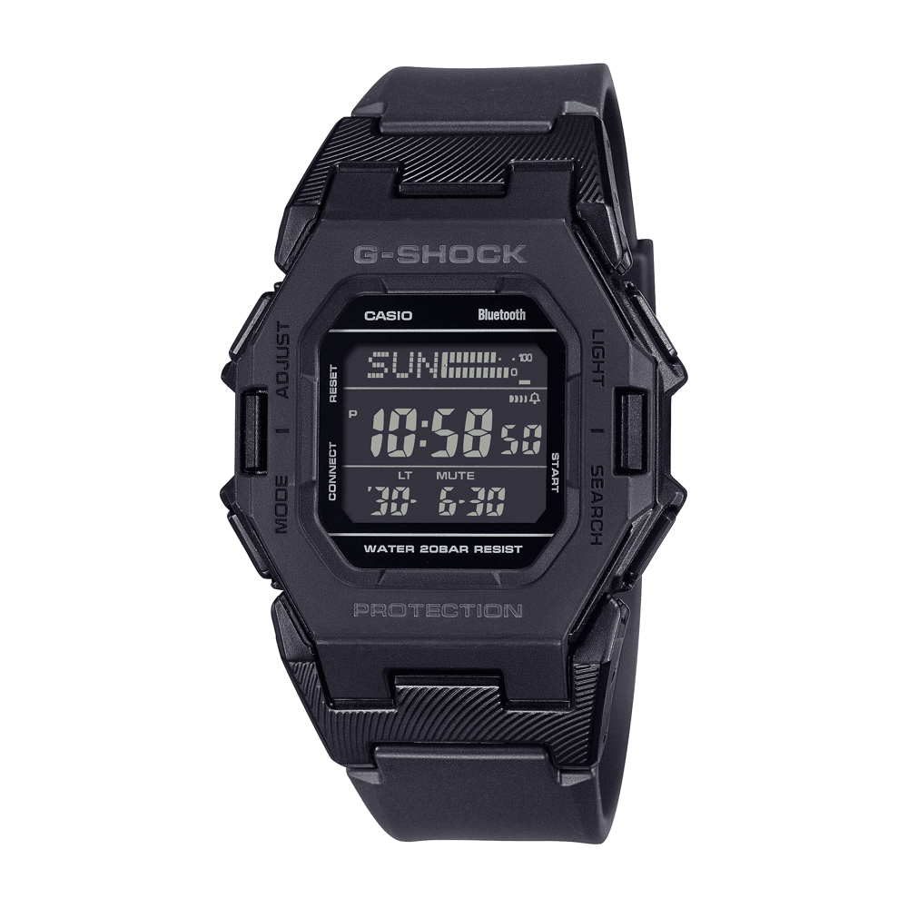 Casio G Shock Digital Square Bluetooth Steps Dual Time 200M Water Resistant Black Face And Resin Band GDB500-1D Watches Bevilles Jewellers