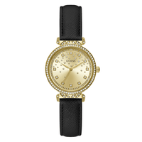 Guess Bejeweled Enchantment Bejeweled Gold-Tone Black Leather Women's Watch GW0764L2 Watches Bevilles Jewellers