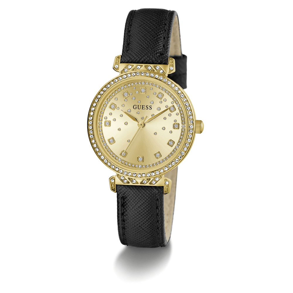 Guess Bejeweled Enchantment Bejeweled Gold-Tone Black Leather Women's Watch GW0764L2 Watches Bevilles Jewellers