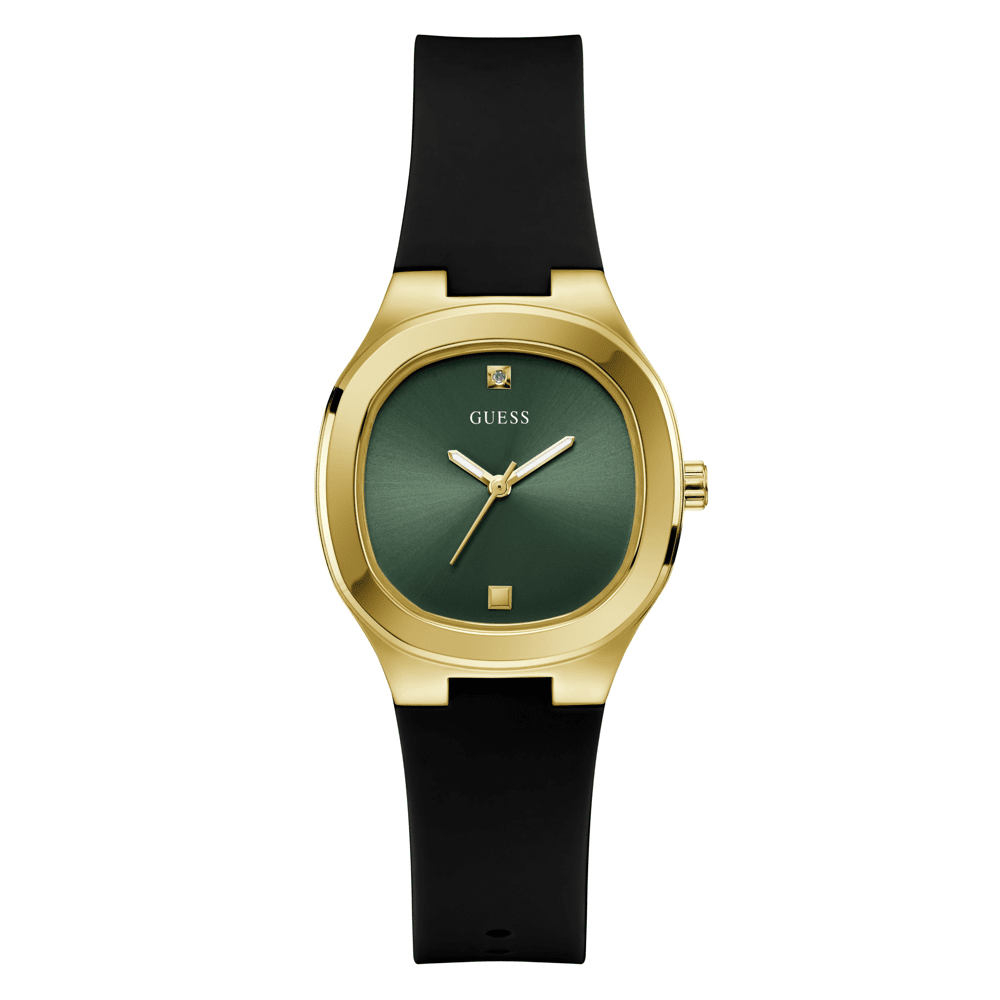 Guess Dress Eve Dress Gold Tone Black Silicone Watch GW0658L1 Watches Bevilles Jewellers