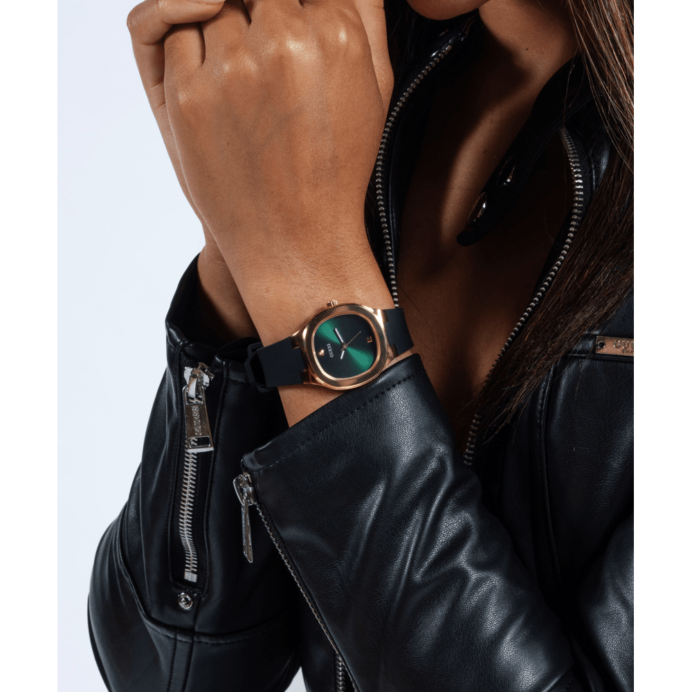 Guess Dress Eve Dress Gold Tone Black Silicone Watch GW0658L1 Watches Bevilles Jewellers