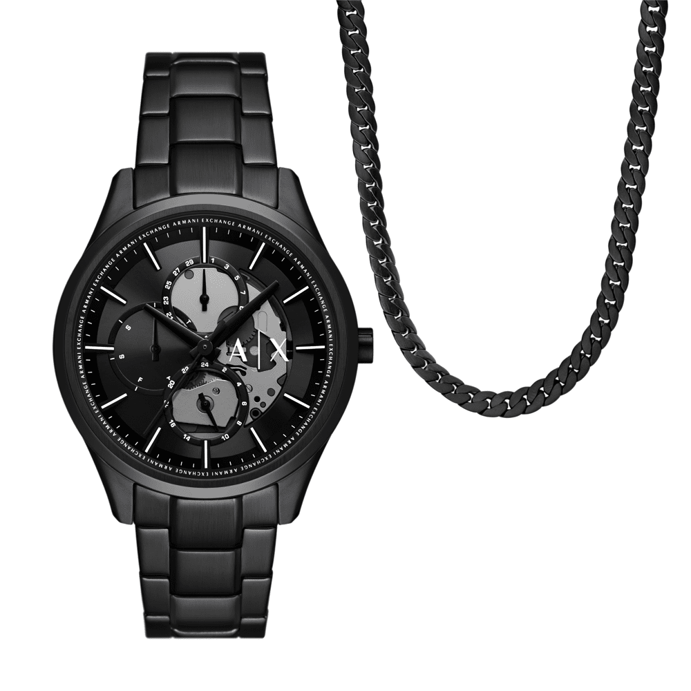 Armani Exchange Multifunction Black Stainless Steel Watch and Necklace Set AX7160SET Watches Armani Exchange
