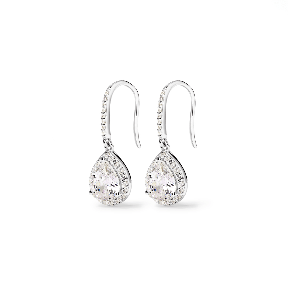 Cubic Zirconia Pear Halo Drop Earrings in Sterling Silver