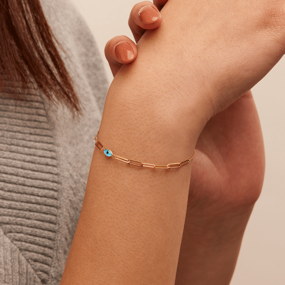 19cm Enamel Evil Eye Paperclip Bracelet in 9kt Yellow Gold Bracelets Bevilles