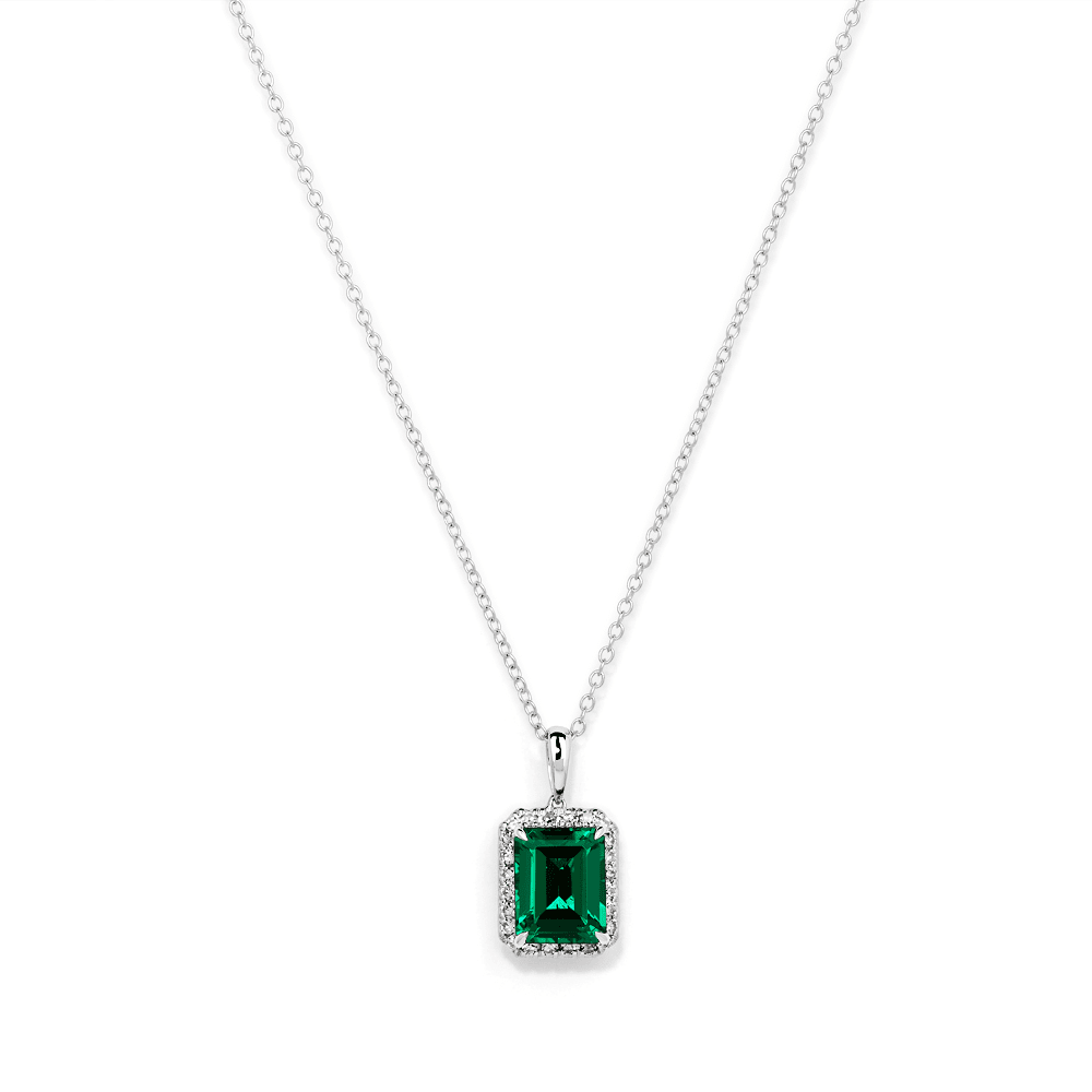 45cm Halo Oval Created Emerald Necklace with 0.18tw of Laboratory-Grown Diamonds in Sterling Silver and Platinum Pendants Bevilles