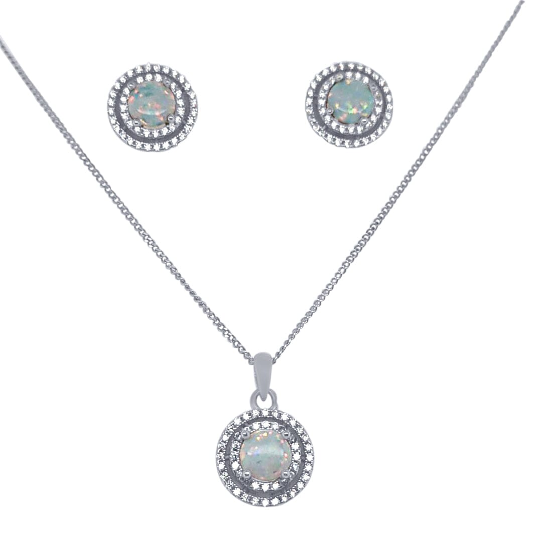 Double Halo Synthetic Opal Necklace and Stud Earrings Set Jewellery Sets Bevilles
