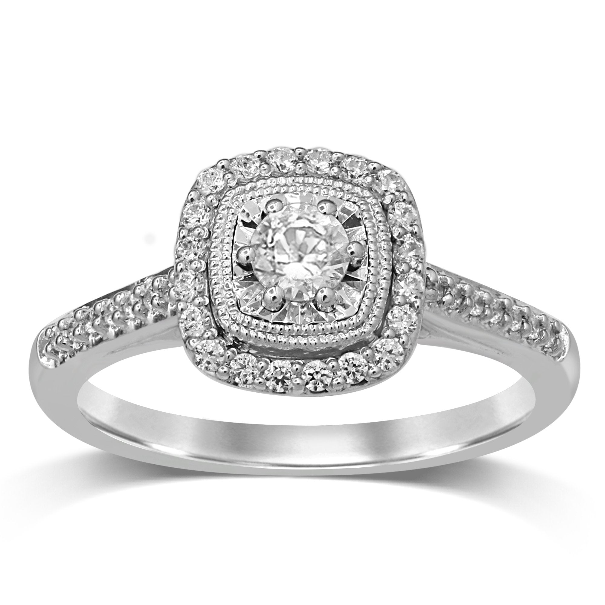 Solitaire Halo Square Look Ring with 1/2ct of Diamonds in 18ct White Gold Rings Bevilles