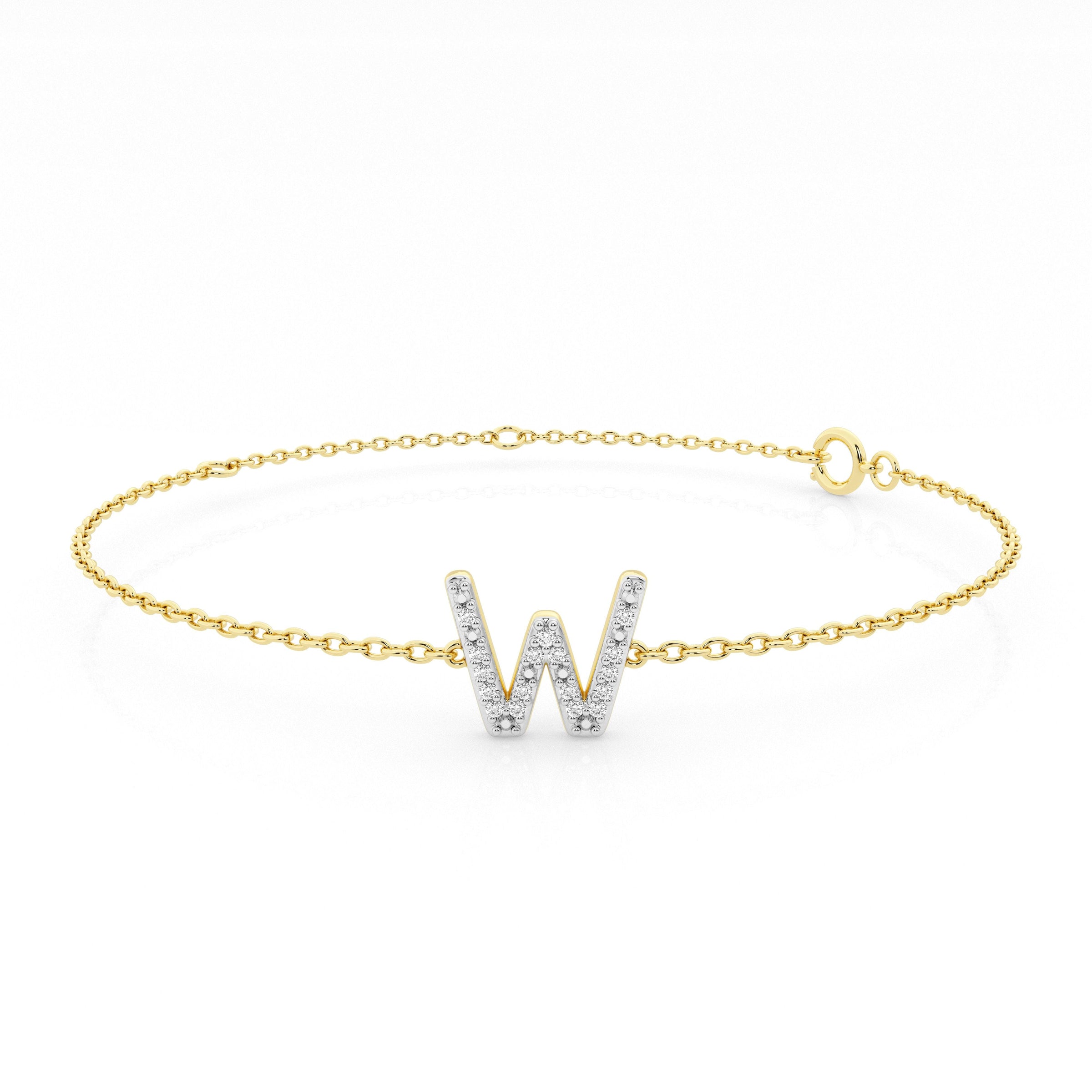 Brilliant Claw Initial W Slider Chain Bracelet with 0.05ct of Diamonds in 9ct Yellow Gold Bracelets Bevilles