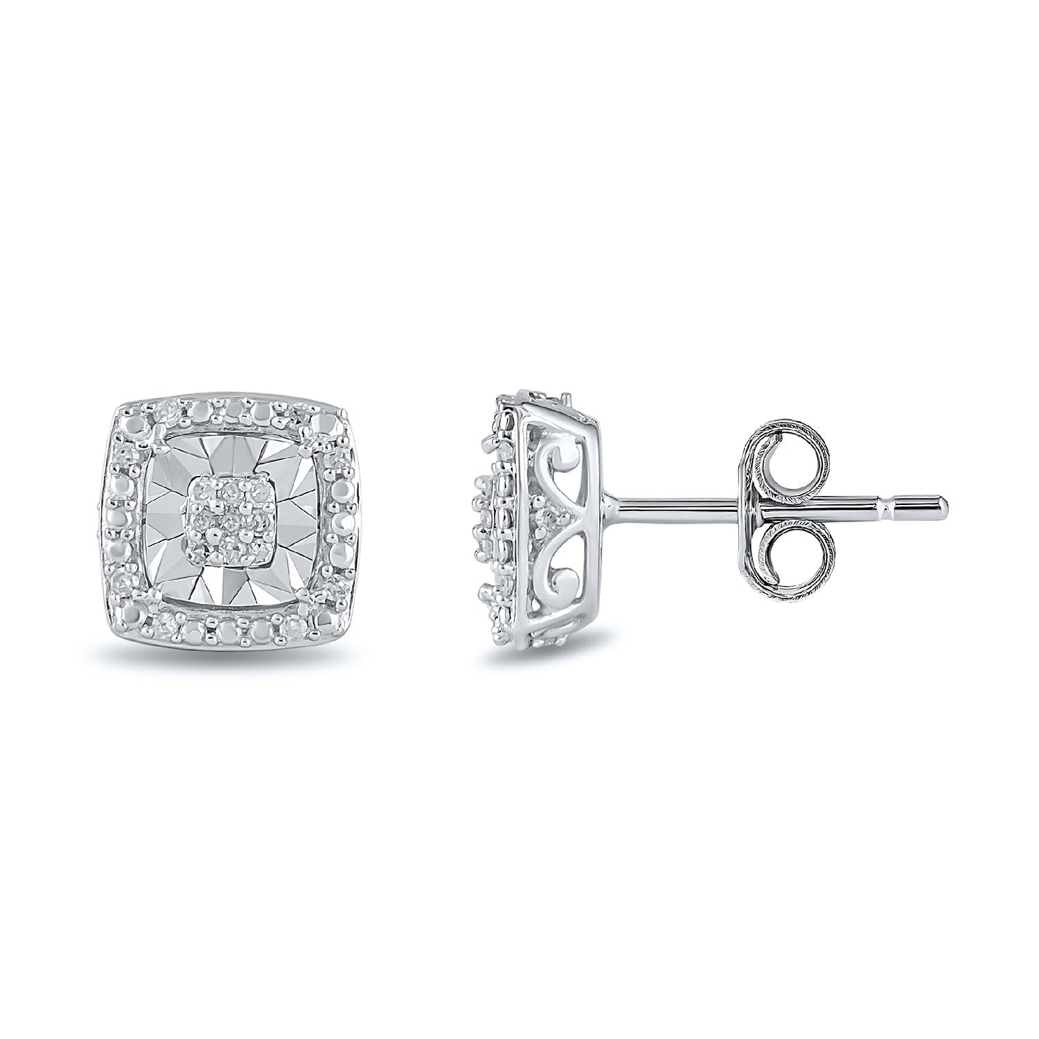 Miracle Halo Square Stud Earrings with 0.10ct of Diamonds in Sterling Silver Earrings Bevilles