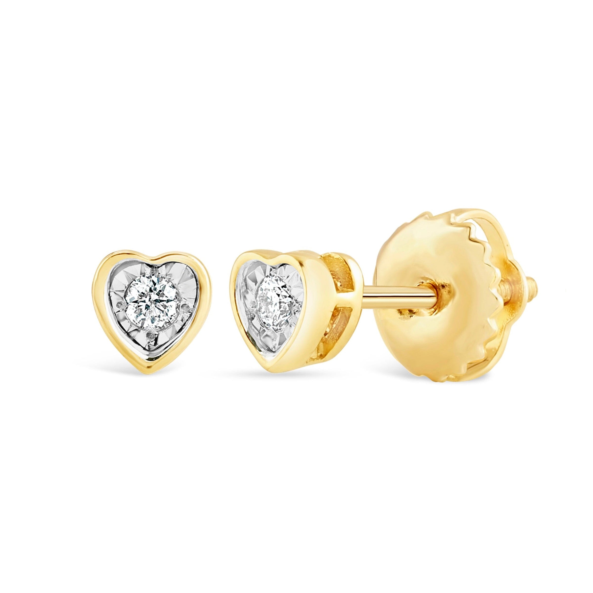 Children's Heart Shaped Stud Earrings with 0.03ct of Diamonds in 9ct Yellow Gold Earrings Bevilles