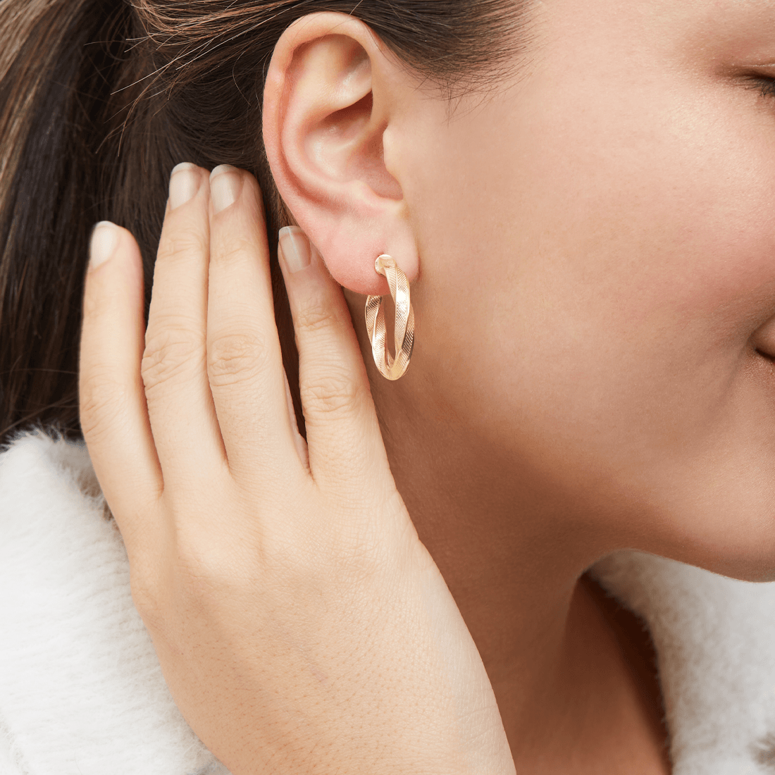 9ct Yellow Gold Silver Infused Fancy Twist Hoop Earrings 20mm Earrings Bevilles