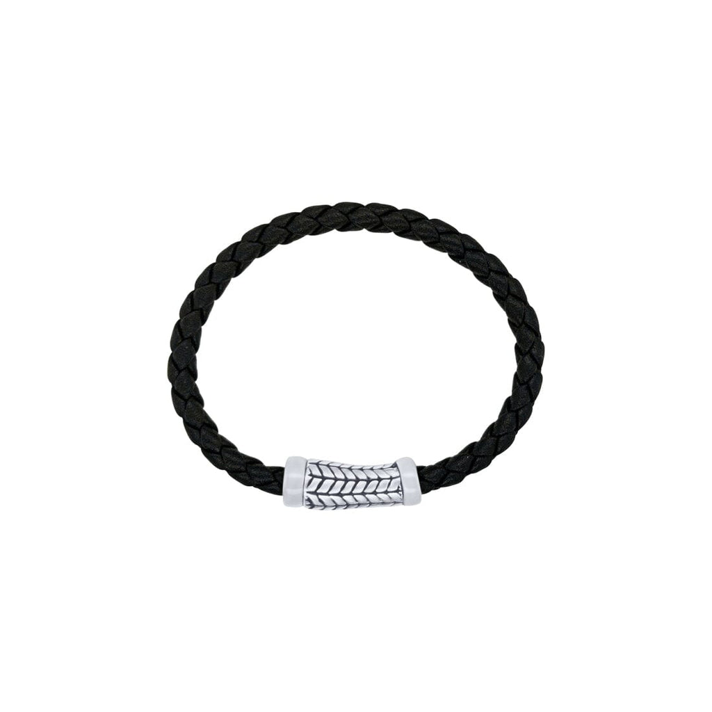 22.8cm Men's Black Leather Bracelet with Stainless Steel Bevilles