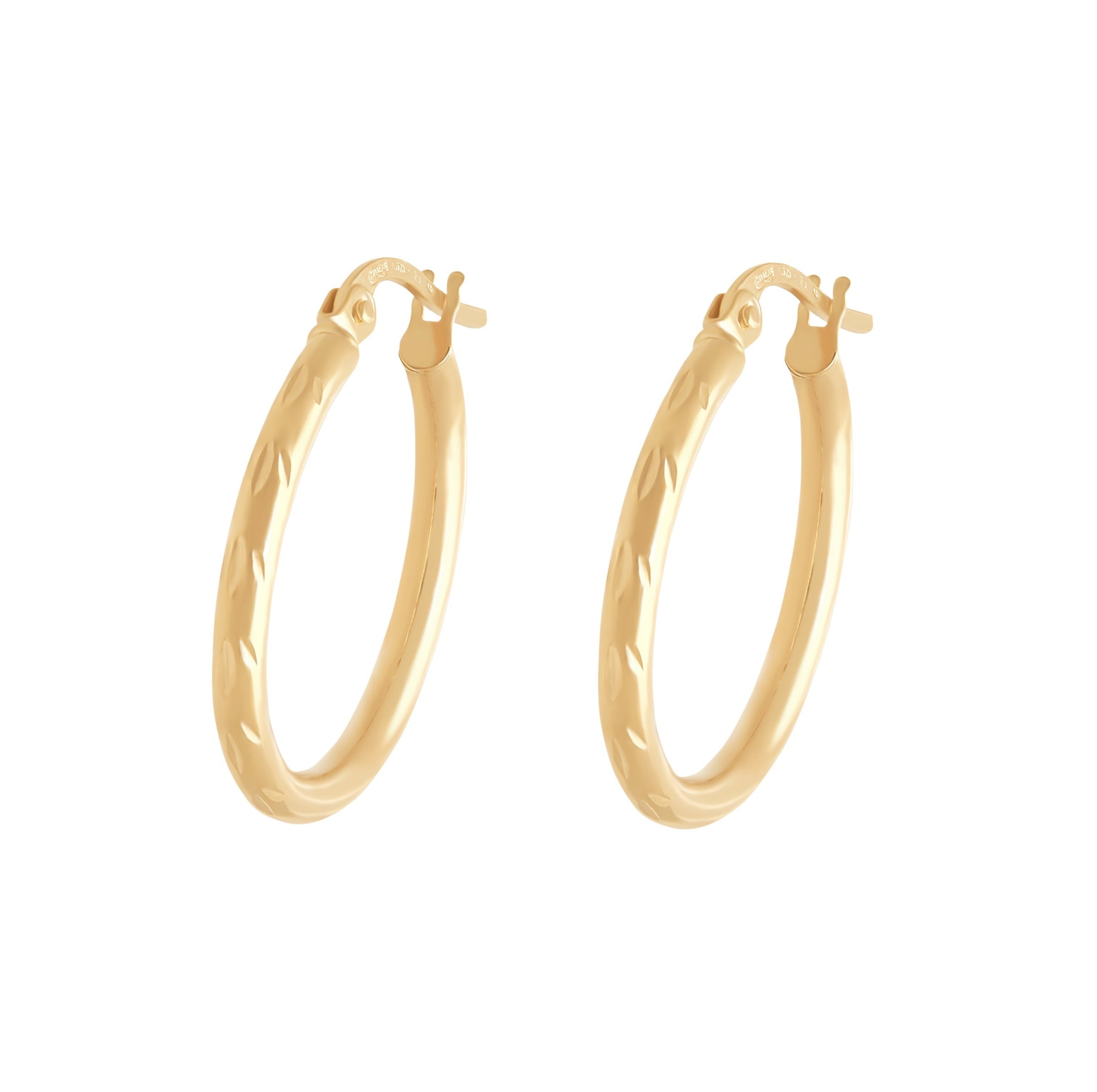 9ct Yellow Gold Etched Hoop Earrings 20mm Earrings Bevilles