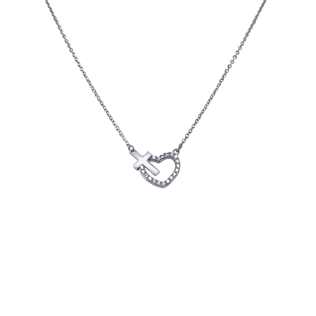45cm Cross and Open Heart Necklace with Cubic Zirconia in Sterling Silver Necklaces Bevilles 