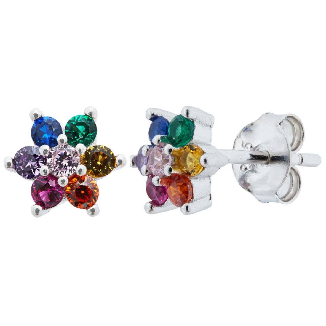 Rainbow Cubic Zirconia Flower Earrings in Sterling Silver Earrings Bevilles