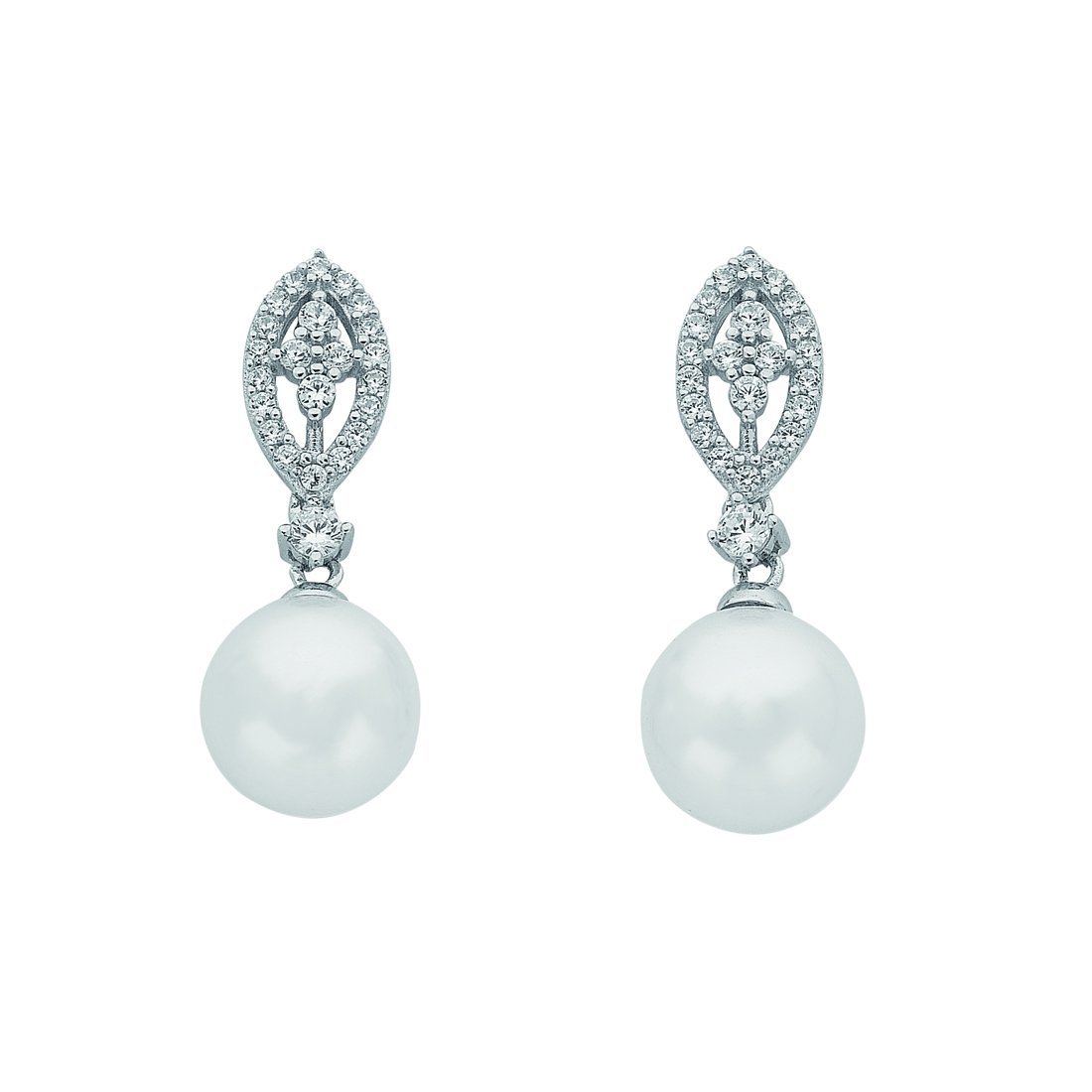 Sterling Silver Synthetic Pearl Cubic Zirconia Marquise Earrings Earrings Bevilles