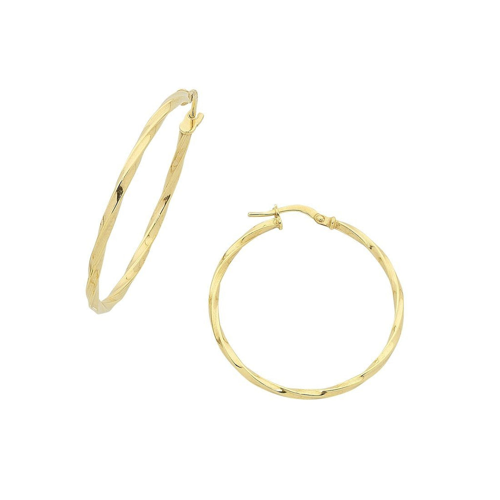 9ct Yellow Gold Silver Infused 30mm Twist Hoop Earrings Bevilles