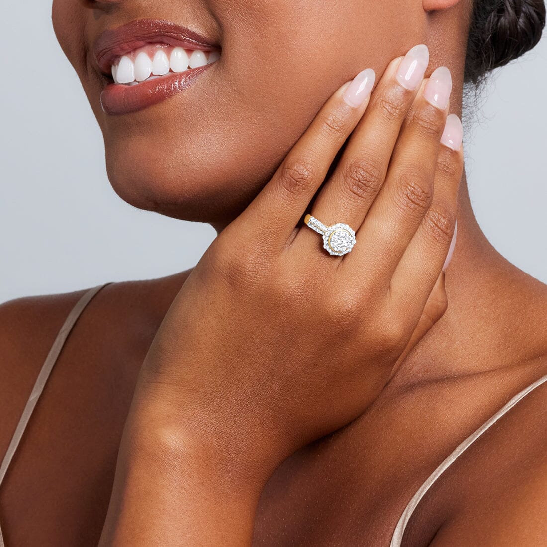 Meera Halo Round Look Ring with 1.00ct of Laboratory Grown Diamonds in 9ct Yellow Gold Rings Bevilles 