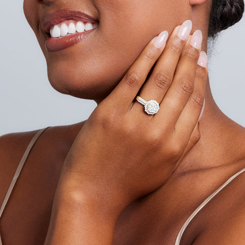 Meera Halo Round Look Ring with 1.00ct of Laboratory Grown Diamonds in 9ct Yellow Gold Rings Bevilles 