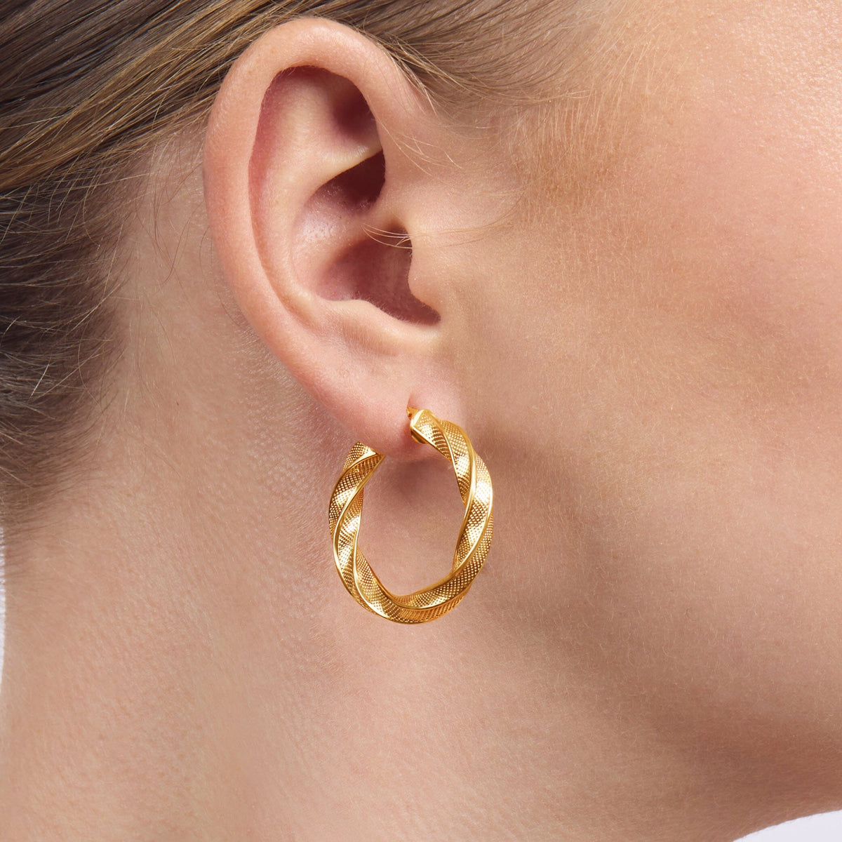 9ct Yellow Gold Silver Infused Fancy Twist Hoop Earrings 20mm Earrings Bevilles 