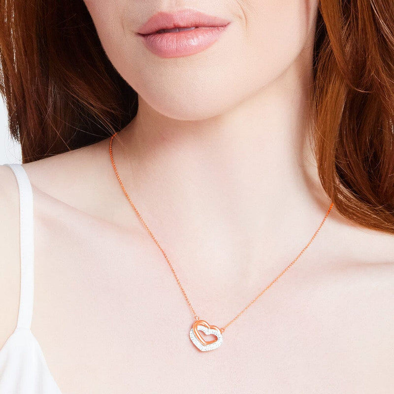 9ct Rose Gold Silver Infused Twin Hearts Necklace with Crystals Necklaces Bevilles 