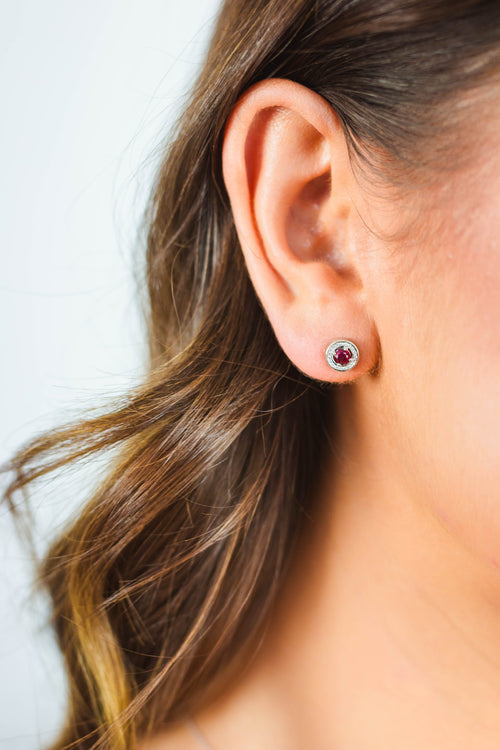 MILESTONE RUBY HALO EARRINGS IN SILVER Bevilles Jewellers 