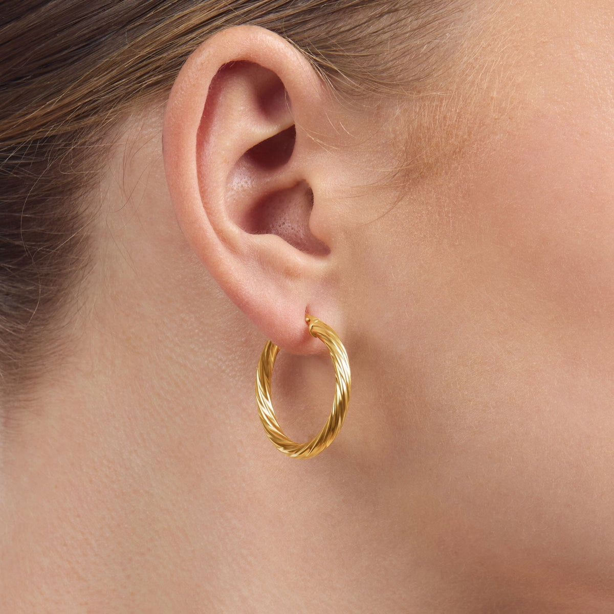 9ct Yellow Gold Silver Infused Twist Hoop Earrings 20mm Earrings Bevilles 