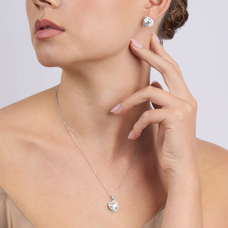 Sterling Silver Cubic Zirconia Swirl Halo Stud Earrings and Necklace Set Jewellery Sets Bevilles 