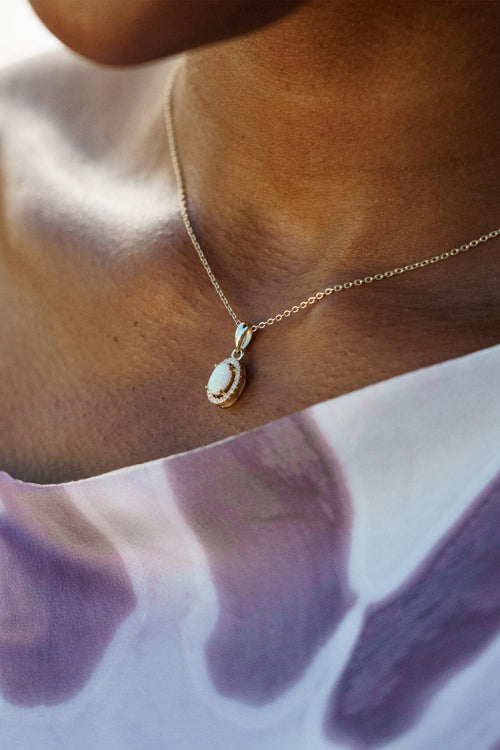 OPAL GLOW BLACKWATTLE WHITE CREATED OPAL PENDANT GOLD Bevilles Jewellers 
