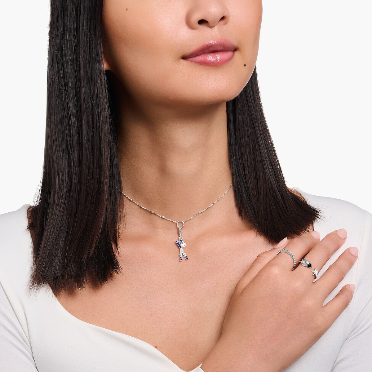 THOMAS SABO Silver Charm Blue Skis With Snowflake Charm Charm Pendants THOMAS SABO Charmista 