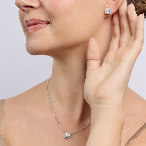 Halo Earring and Necklace Set with Cubic Zirconia in Sterling Silver Jewellery Sets Bevilles 