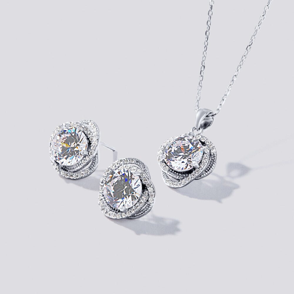 Sterling Silver Cubic Zirconia Swirl Halo Stud Earrings and Necklace Set Jewellery Sets Bevilles 