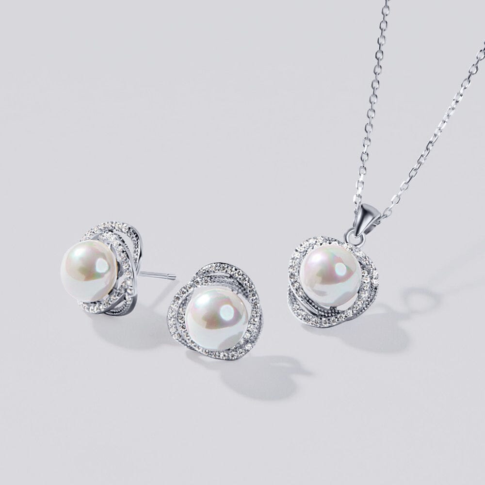 Synthetic Pearl Stud Earrings and Necklace With Cubic Zirconia Set in Sterling Silver Jewellery Sets Bevilles 