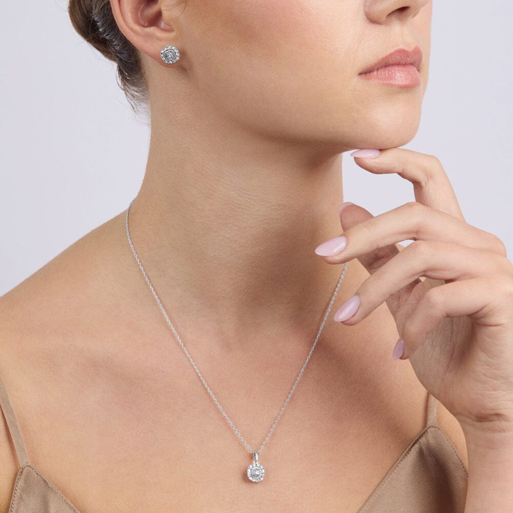 Stud Earrings and Cushion Shaped Pendant Necklace with 0.15ct of Diamonds in Sterling Silver Jewellery Set Bevilles 