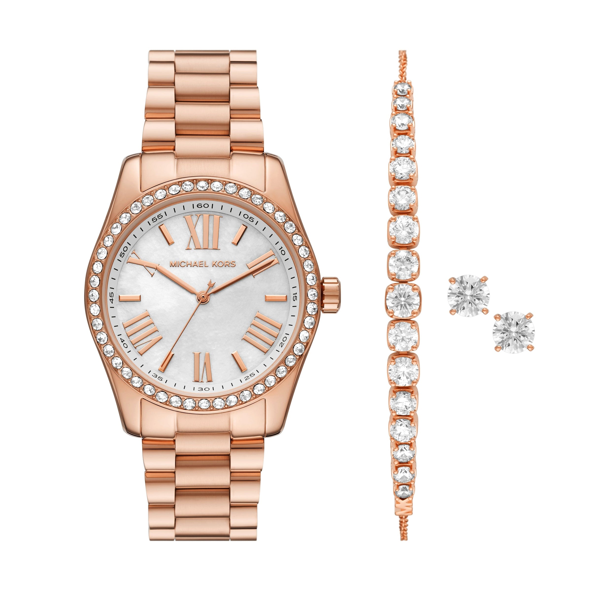 Michael Kors Lexington Three Hand Rose Gold Tone Stainless Steel Watch and Jewelry Gift Set MK1088SET Watches Michael Kors 