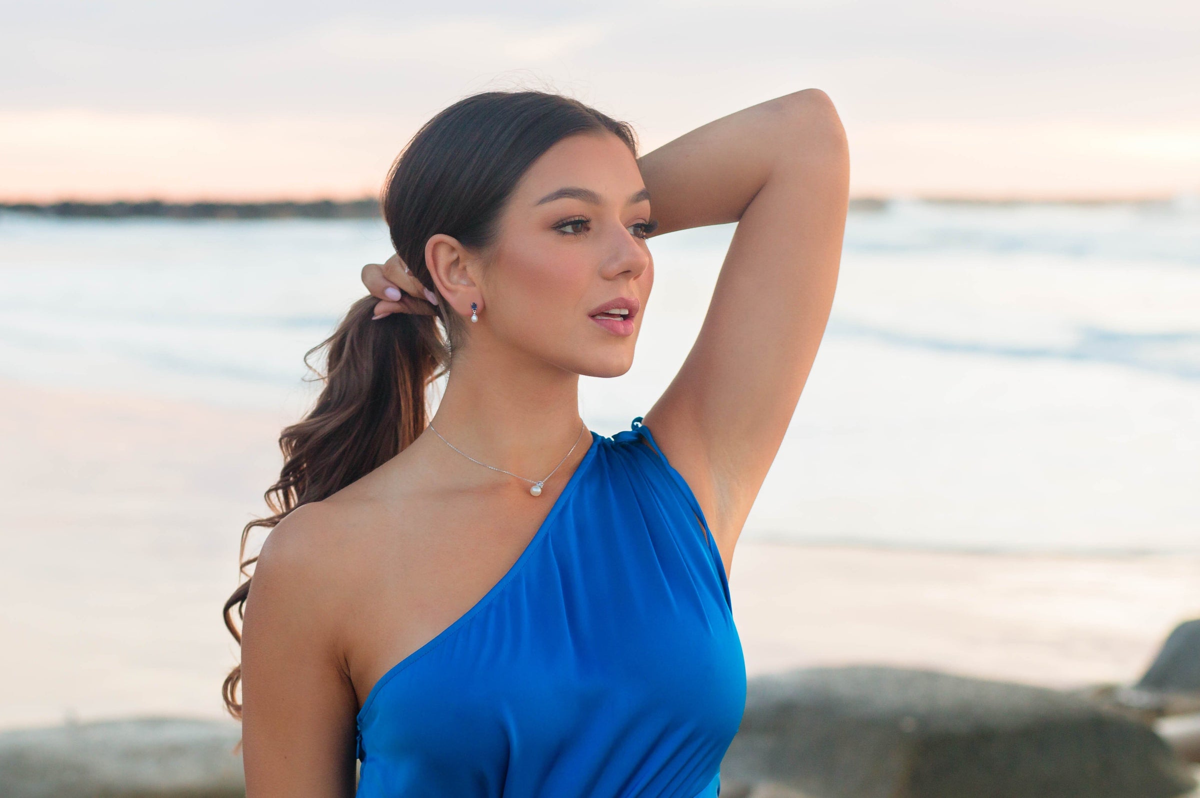 OCEANS WHITSUNDAYS FRESHWATER PEARL EARRINGS SAPPHIRE BLUE Bevilles Jewellers 