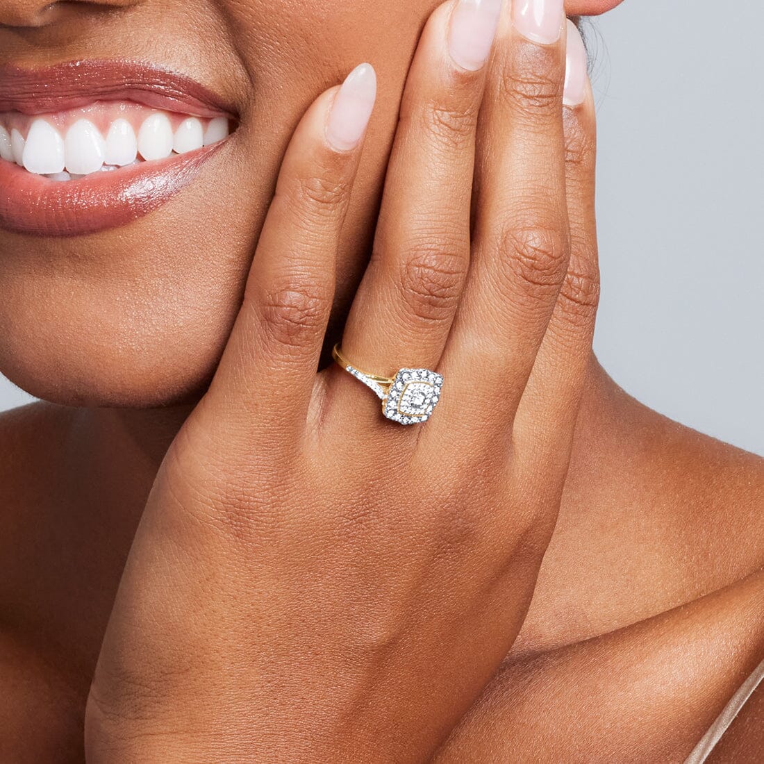 Fancy Miracle Halo Cushion Shaped Ring with Diamonds in 9ct Yellow Gold Rings Bevilles 