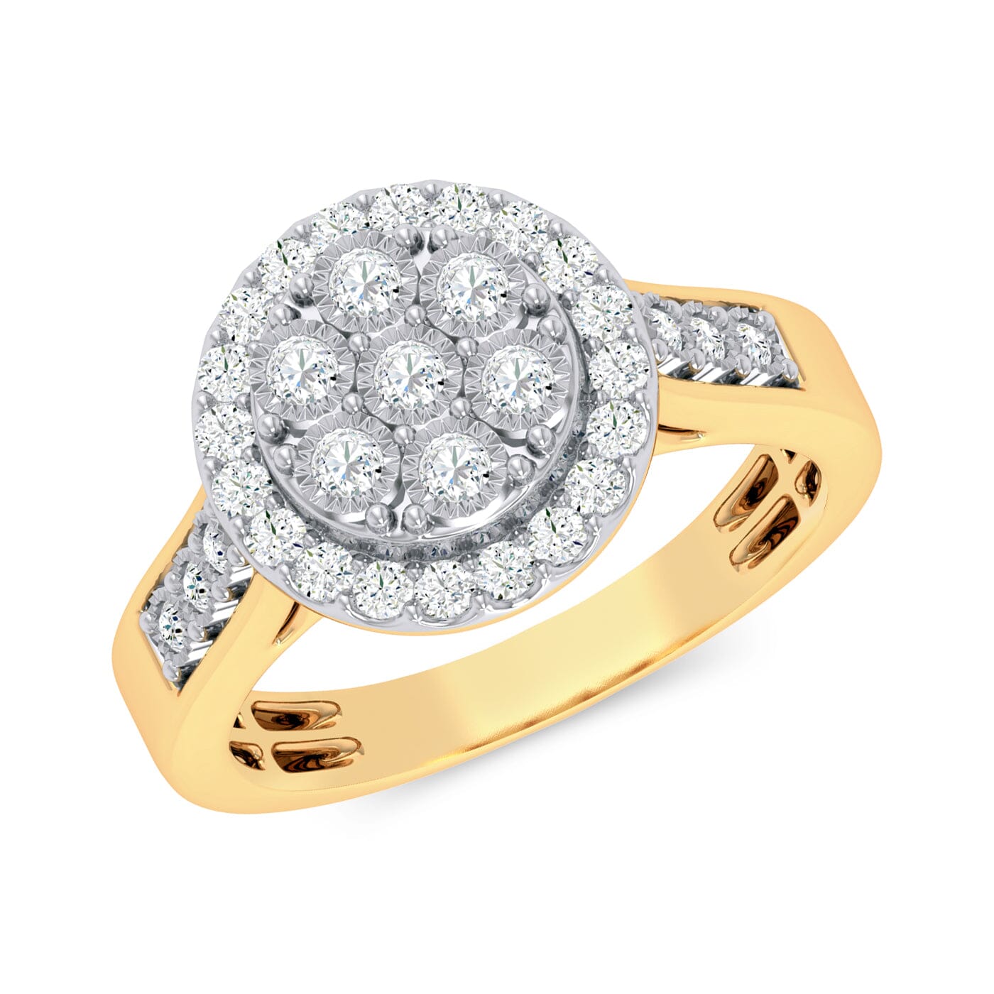 Miracle Halo Ring with 1/2ct of Diamonds in 9ct Yellow Gold Rings Bevilles 