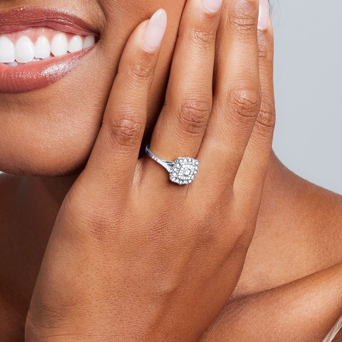 Fancy Miracle Halo Cushion Shaped Ring with Diamonds in 9ct White Gold Rings Bevilles 