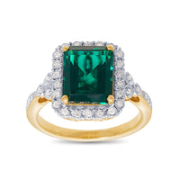 Created Emerald Halo Ring with 0.15ct of Diamonds in 9ct Yellow Gold Rings Bevilles 