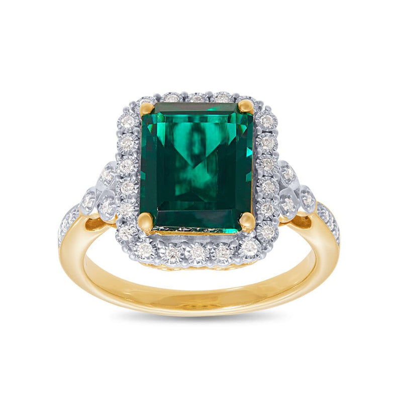 Created Emerald Halo Ring with 0.15ct of Diamonds in 9ct Yellow Gold Rings Bevilles 