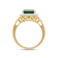 Created Emerald Halo Ring with 0.15ct of Diamonds in 9ct Yellow Gold Rings Bevilles 