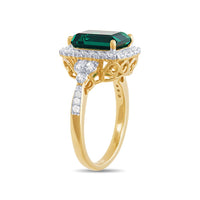 Created Emerald Halo Ring with 0.15ct of Diamonds in 9ct Yellow Gold Rings Bevilles 