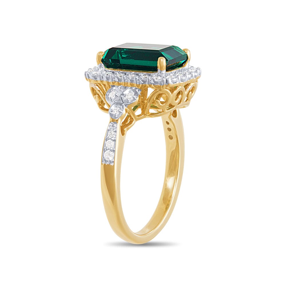 Created Emerald Halo Ring with 0.15ct of Diamonds in 9ct Yellow Gold Rings Bevilles 